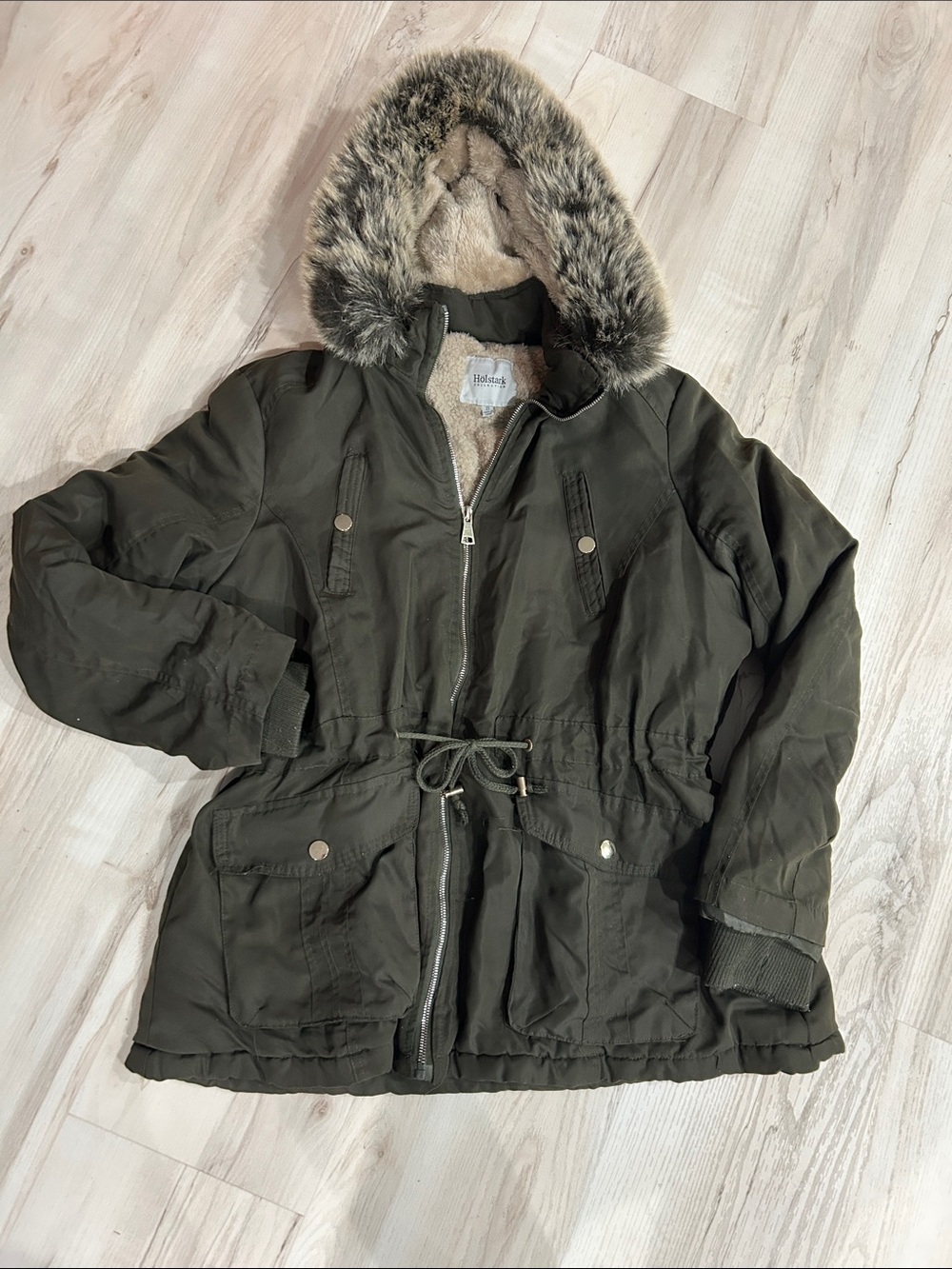 Utility Parka Jacket in Olive Green with Faux Fur Hood